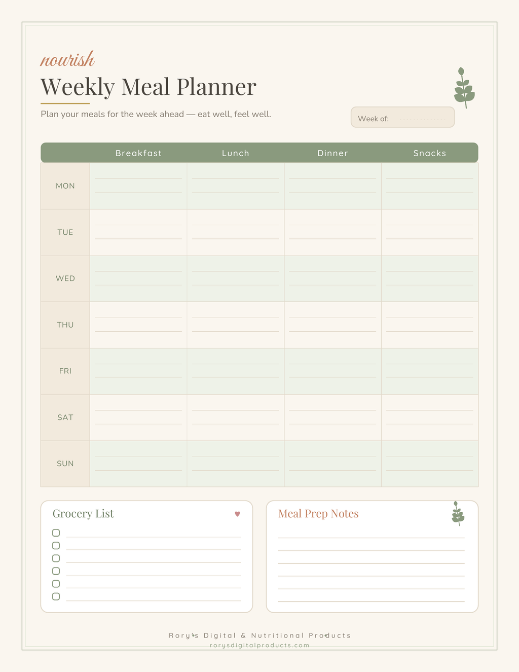 Wellness Self-Care Planner — meal planner