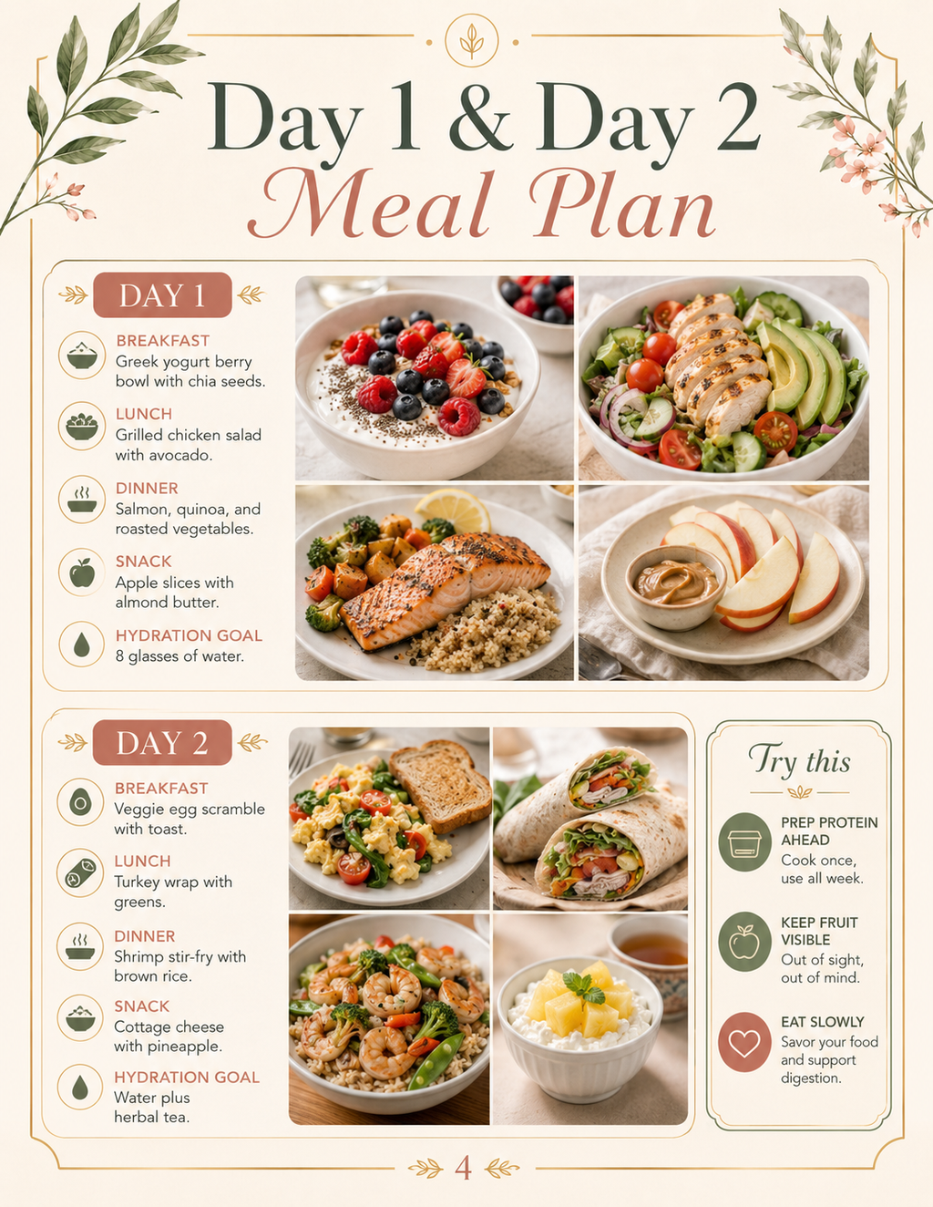 Day 2 meal plan page with balanced daily meals for women